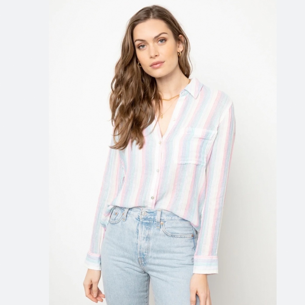 Rails Ellis Rainbow Stripe Button Down Shirt Medium Lightweight Cotton Top